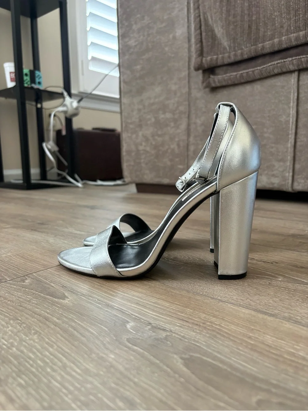 Steve Madden Metallic Silver Ankle-Strap Block Heels